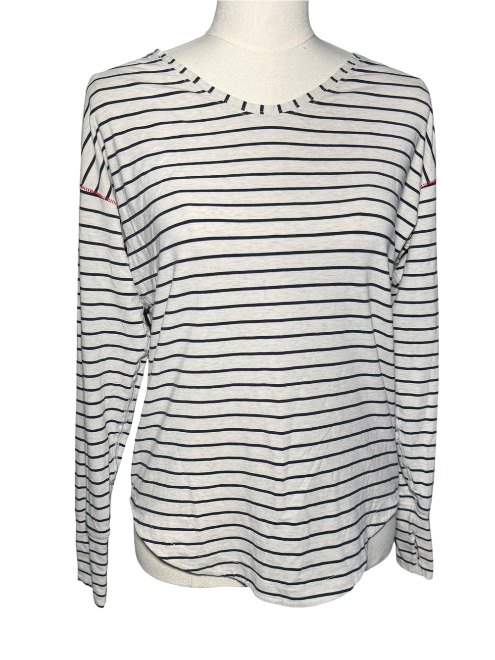 Lululemon Stripe Long Sleeve Top S/M White Navy Red Stitch Scoop Neck